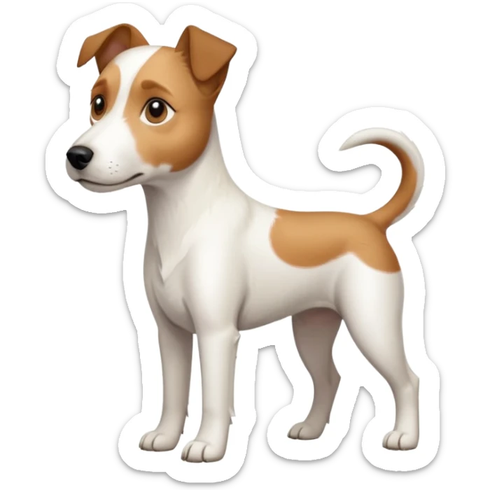 a full body large white parson russell terrier looking dog the size of a kelpie with light brown long ears and a light brown patch on one eye and a large snout sticker