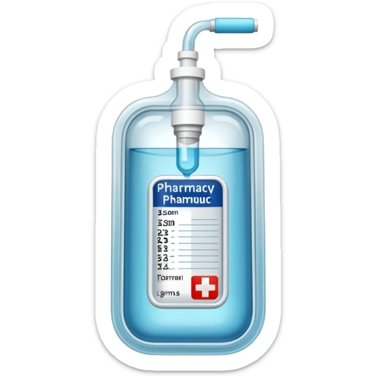 Hospital Intravenous fluid bag that has 2 ports on the bottom, and is filled with 500ml, pharmacy label sticker