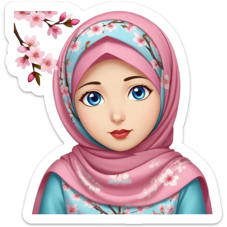 Turkish beautiful finish Konya girl blue eyes with cherry blossom floral hijab islamic dress and with yummy Drooling face on the table sticker