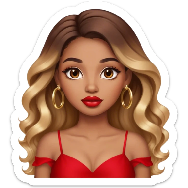 light brown skin tone, very beautiful woman, with big plump lips, long long lashes, ombre wavy long hair, brown eyes, red dress, gold hoop earrings sticker