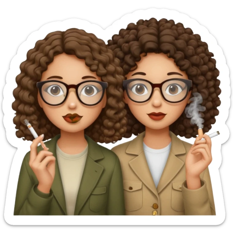 Two tan brunette girls, one with curly hair and glasses, the other with straight hair and no glasses, smoking weed sticker