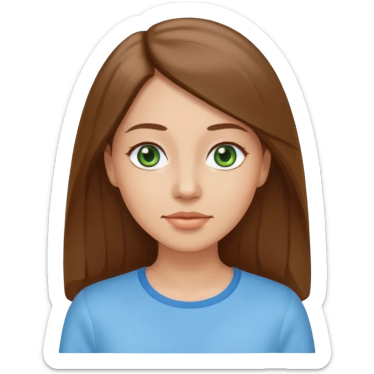 Adult woman avatar, light skin tone, oval face, straight long brown hair, green eyes, neutral mouth, sky blue top sticker
