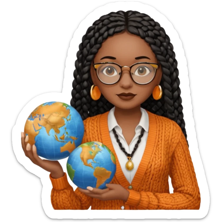a young woman wearing fine gold round glasses and black hair in several box braids, no earrings, she has light black skin, and she's wearing a white shirt with an orange-terracotta cardigan on top. She's holding a globe in one hand sticker