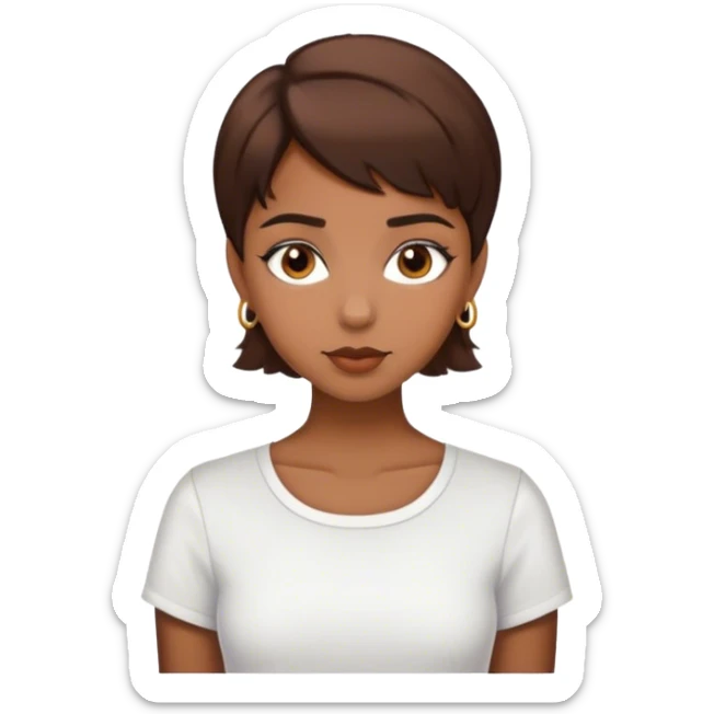 Short hair girl whit brown hair and eyes, whit a coquette shirt sticker