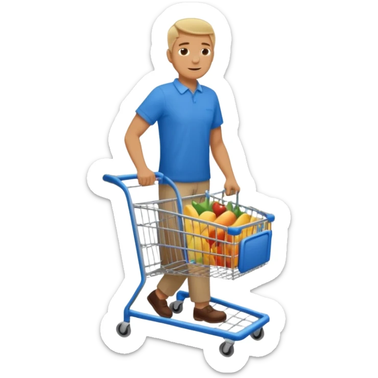 full body of a man pushing a shopping cart inside a supermarket sticker