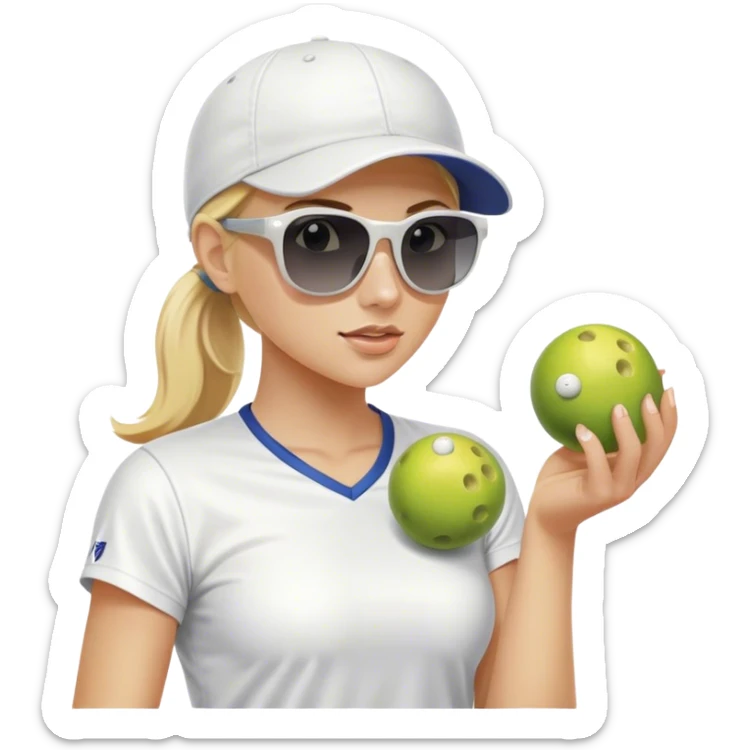 Woman with blond hair in a ponytail wearing a white baseball cap and sunglasses holding one pickleball and nothing else sticker