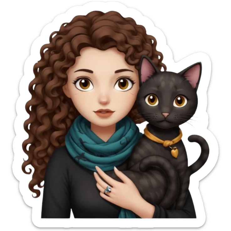 bust woman long curly brown hair brown eyes white skin tattoos with black cat wrapped around shoulders like scarf sticker