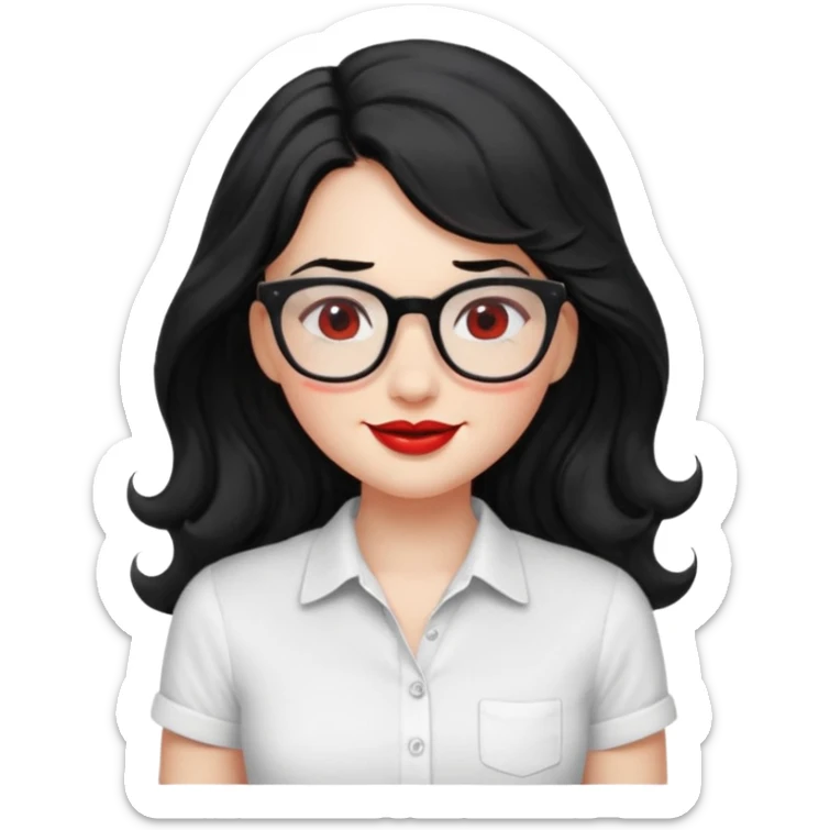 וחולצה קצרה חזה מובלט וחולצה בצבע לבן ואישוני עייים בצבע שחור, ואישוני עיננים בצבע שחורילדה עם שער שחור ארוך וגלי אבל לא יותר מידי מתולתל, אישונים שחורים, משקפיים,שפתיים אדומות ועסיסיות אבל לא יותר מידי,עם,לחיים עם הרבה סומק,מחייכת sticker