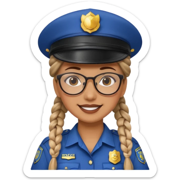 happy woman police with braided hair wearing hat, glasses  sticker