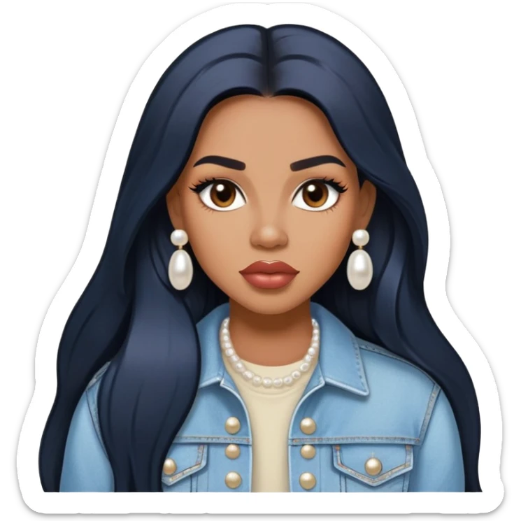 light brown skin tone, very beautiful woman, with big plump lips, long long lashes, black straight long hair, brown eyes, light blue denim jacket, pearl stud earrings sticker