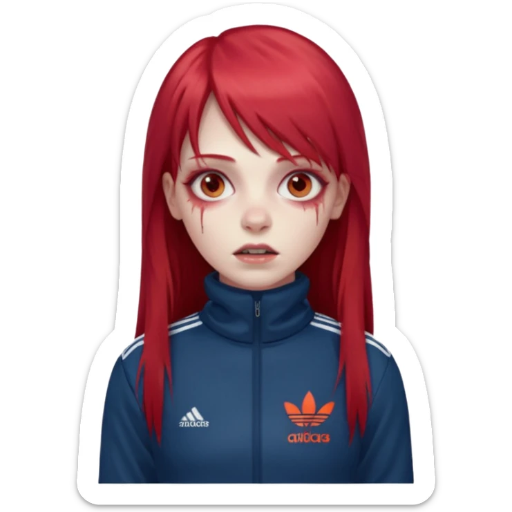 Crie um emoji de uma menina com bochecha gordinha com o cabelo vermelho longo com uma franja reta zumbi casaco de gola alta da adidas sticker