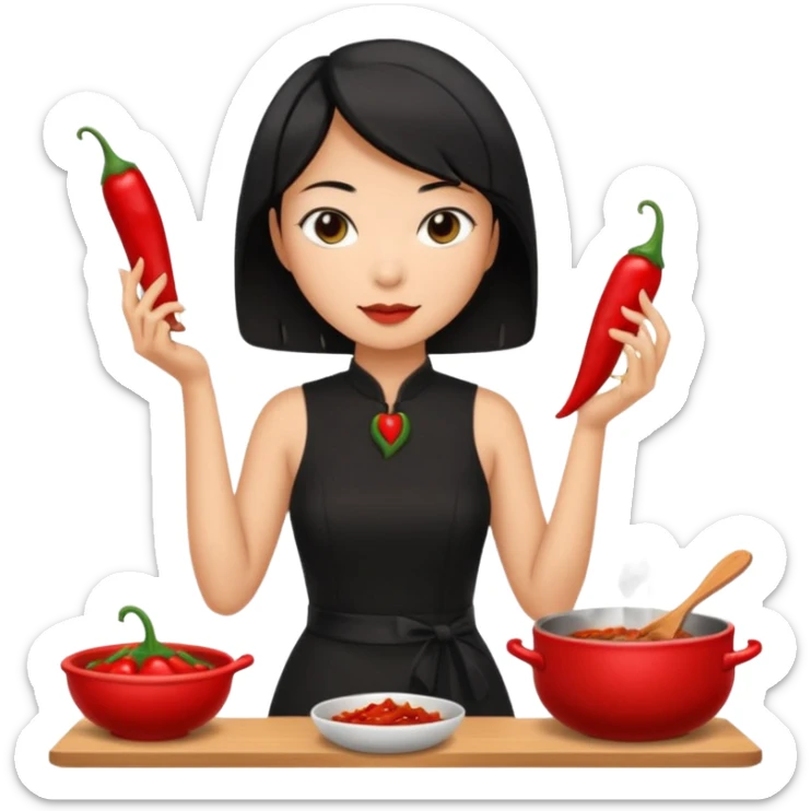 asian black short shoulder length hair tanned woman, black dress cooking, holding chili pepper sticker