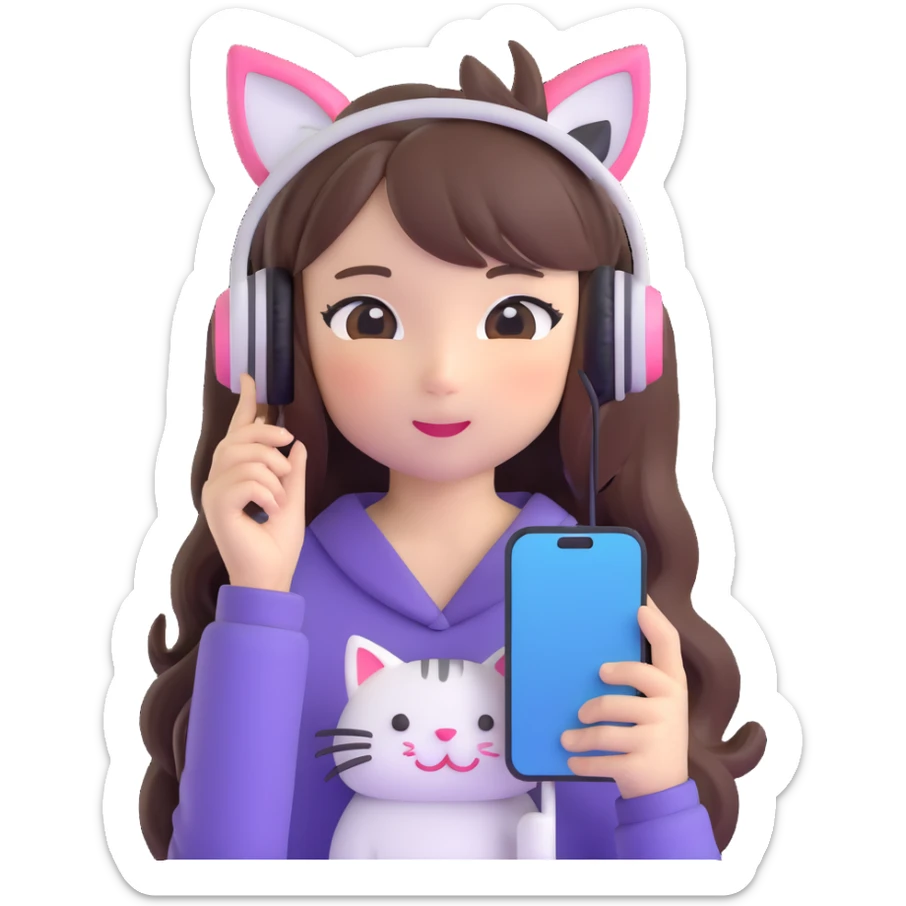 Adorable Japanese girl with long hair, cute cat ear headphones and holding smartphone sticker