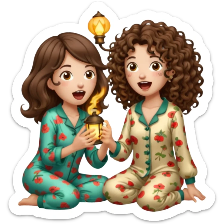 pajama forest duo — long wavy brown hair tattooed woman and short tight curly brown hair woman — mushroom pajamas yawning with lantern sticker