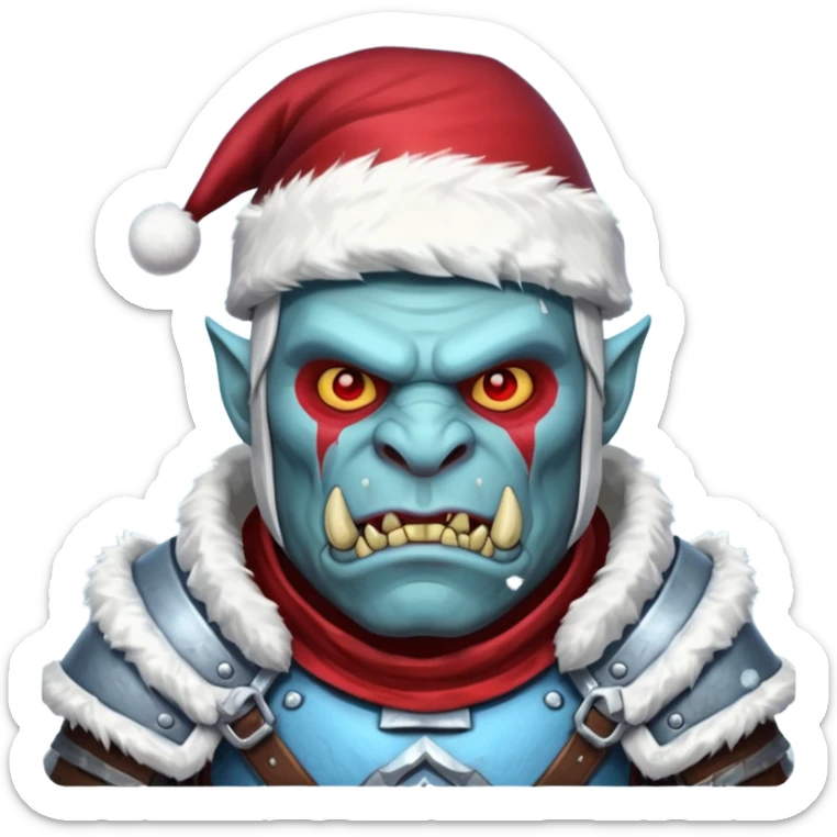 
Fantasy Christmas orc legion soldier icon, iron tundra army theme, heavy winter armor, disciplined brutal look, icy blue steel armor with deep crimson accents, frozen metal texture, cold winter atmosphere, male variant sticker