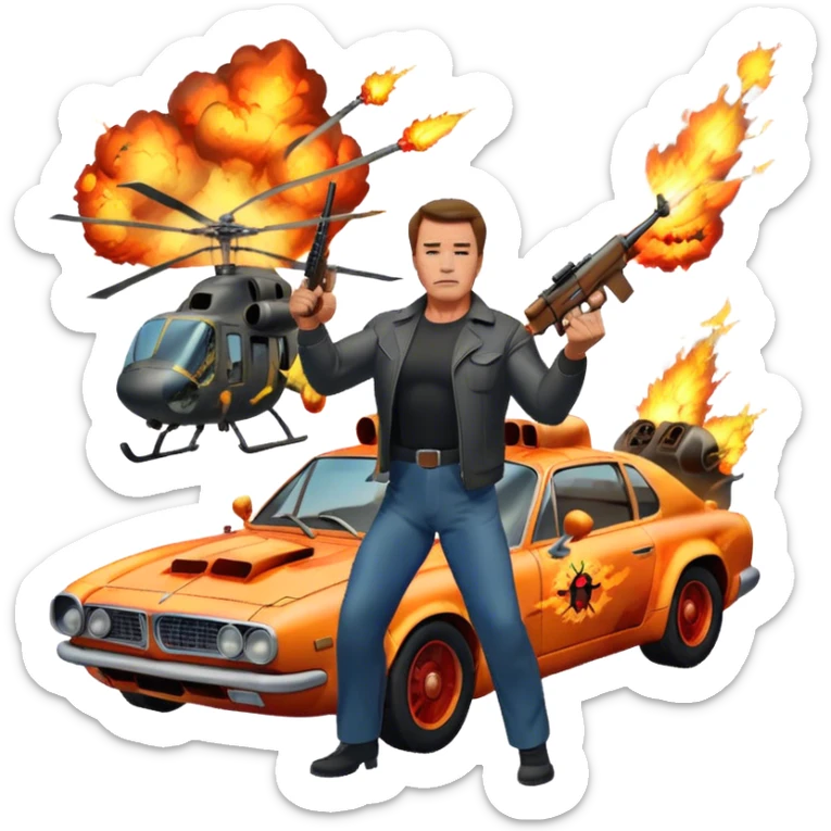 Icon for Action Movies: Arnold Schwarzenegger in the lead role, in an intense action pose with weapons, explosions, a car and helicopter flying out of flames in the background. The design should capture the explosive energy and heroism of classic action films. Transparent background. sticker