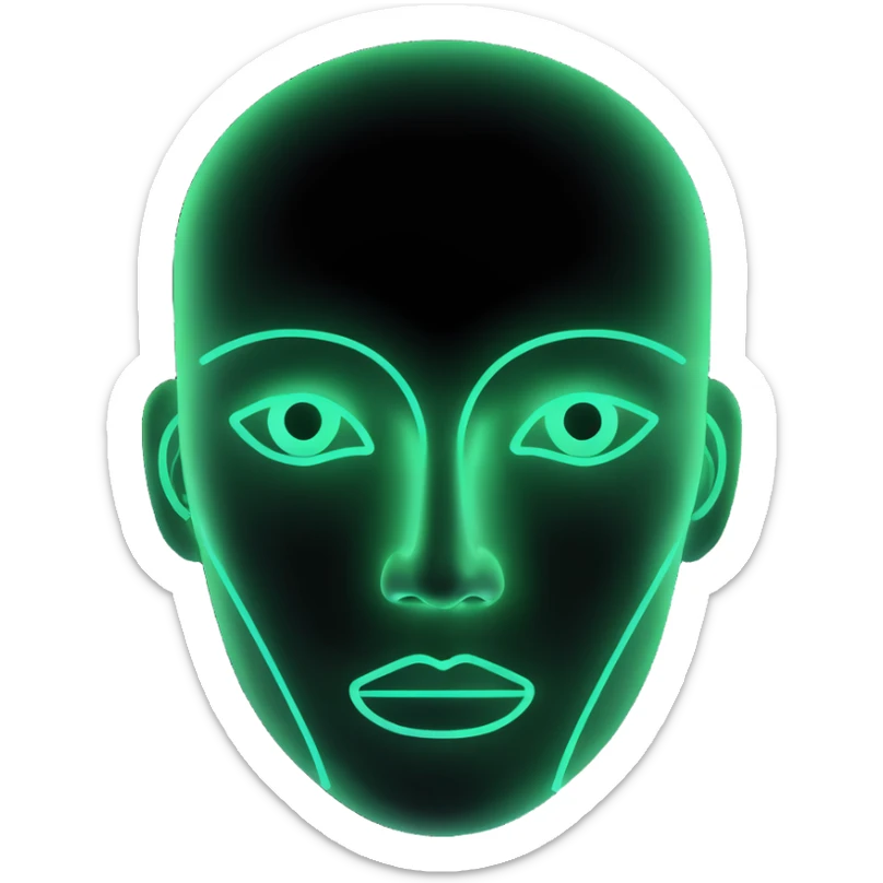 Minimalist futuristic AI avatar — clean glowing outline of a humanoid face, half-abstract with light reflections. sticker