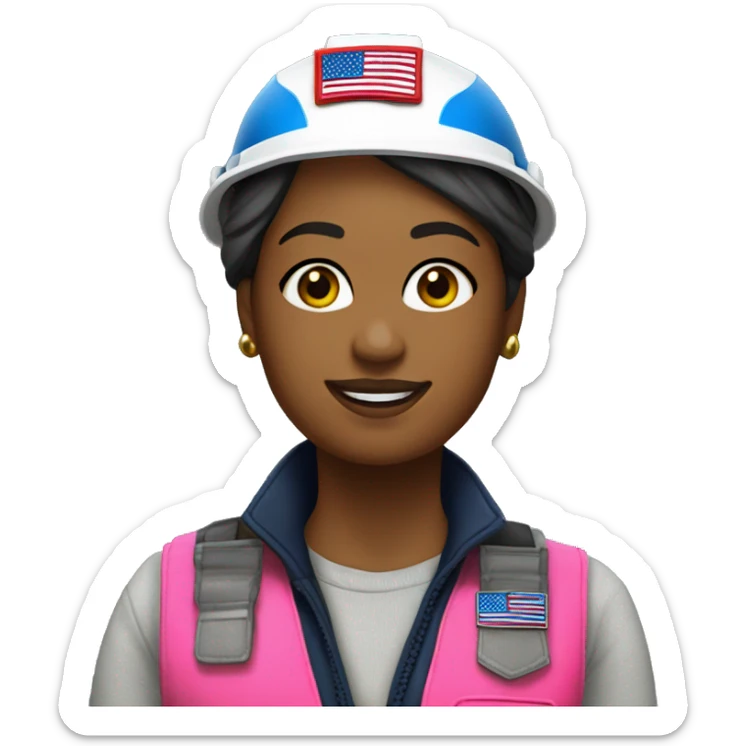 Wearing a patriotic dress with a neon pink safety vest, hard hat and ear muffs with a patriotic patch on her vest. The background image is of the patriotic flag  sticker