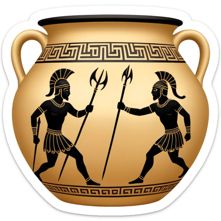 Cinematic-realistic Grecian urn, an exquisite black-figure pottery masterpiece resting in the dim glow of an ancient temple. Intricate golden depictions of two warrior fighting with spears and warriors encircle its curved form, telling timeless myths of heroism and tragedy.  sticker