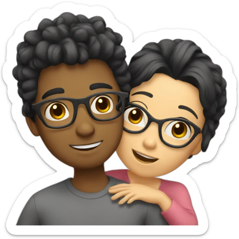Boy with blonde hair and glasses hugging girl with black hair and glasses sticker