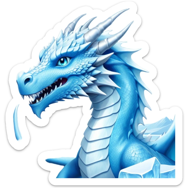 Cinematic Noble wise elegant Ice Dragon Portrait Emoji, Poised and imposing, distinct long elegant snout, with a slender, scaled body shimmering in glacial hues of icy blue, frostbitten silver, and crystalline white, breathing out frost, with piercing, glowing ice blue white eyes that radiate the chilling depths of an arctic storm; rendered in detail. excuding wisdom sticker