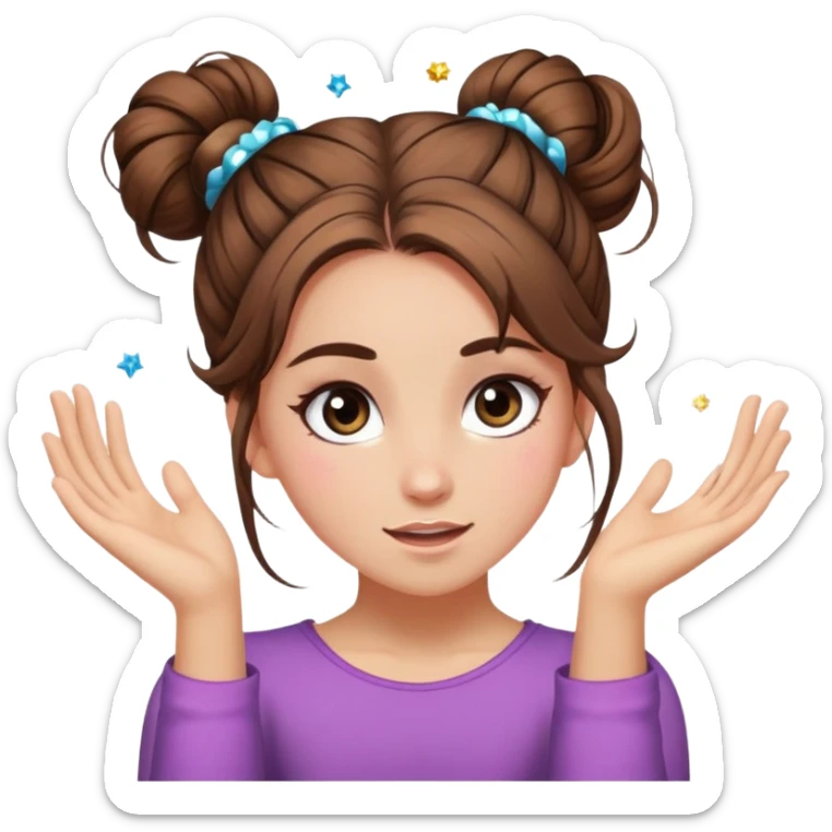 girl with long brown hair with messy bun, chaotic sparkle eyes cartwheel sticker
