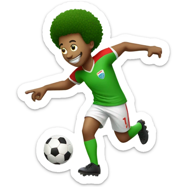 male in green shirt with red afro playing soccer with milk sticker