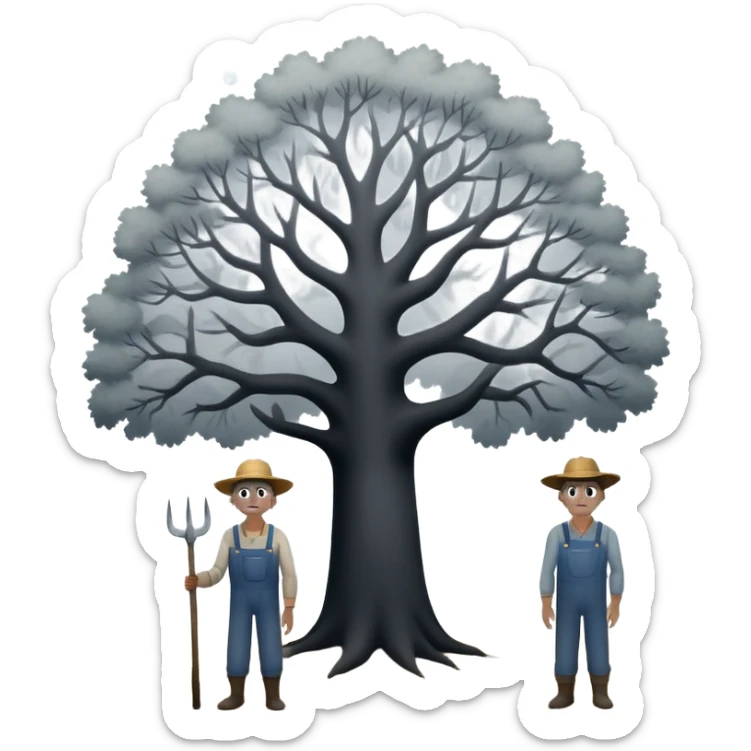 A cursed farmer couple staring into your soul with their giant white dots for eyes and the male farmer is standing next to a tree and they are both grayish black figures and the background is an extremely foggy field in a rural place sticker