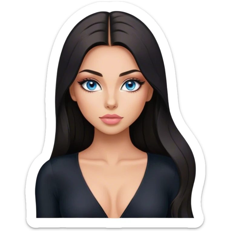 Glamours make-up, tanned, beautiful, girl, with blue eyes, big pump peach-beige-rose lips, eyeliner, long lashes, black straight smooth silky long hair, parting hair in the middle,  in black v-neck bodysuit long sleeves sticker