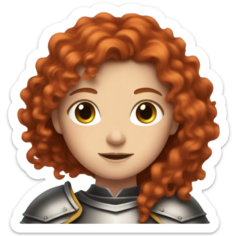 a white girl with long red curly hair and freckles, wearing armor sticker