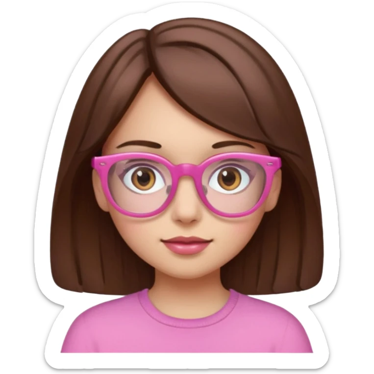 girl with medium brown hair and brown eyes, wearing pink glasses sticker
