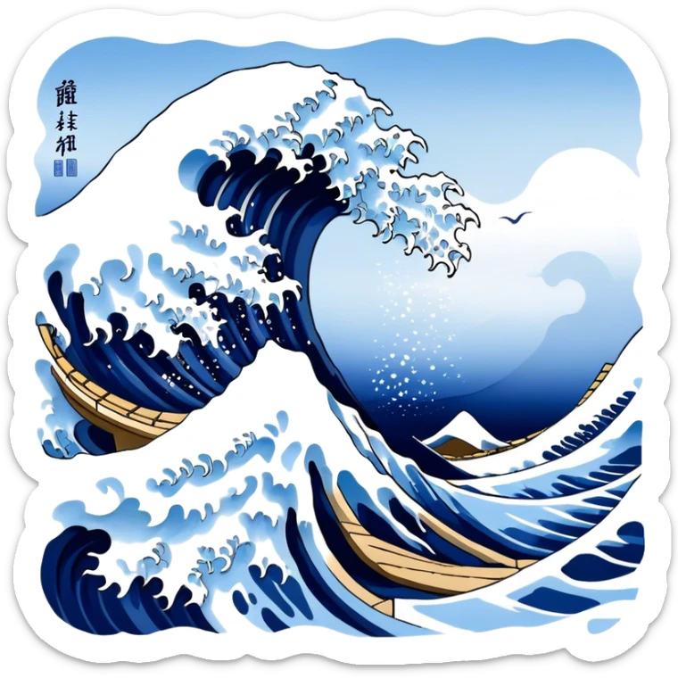 Cinematic Realistic Great Wave off Kanagawa, depicted as a colossal, crashing wave with dynamic blue hues and frothy white crests, rendered with intricate textures and fluid motion that captures both the timeless power and poetic beauty of the iconic Japanese artwork sticker
