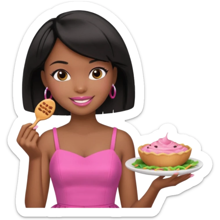 Black barbie, short  black bob  hair, pink dress eating with a sign that says snipe sticker