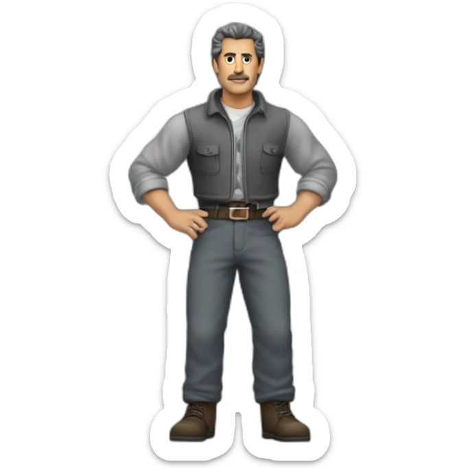 Don Krieg es un hombre alto, musculoso, con pelo corto gris y las patillas larga sticker