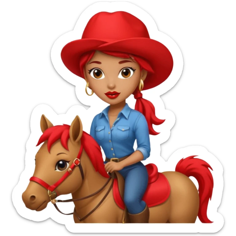 cinematic realistic - a seductive girl rides a pony and wears a huge lipstick on her head sticker