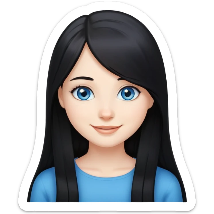 A beautiful girl with blue eyes and long straight black hair and white skin with a smile sticker
