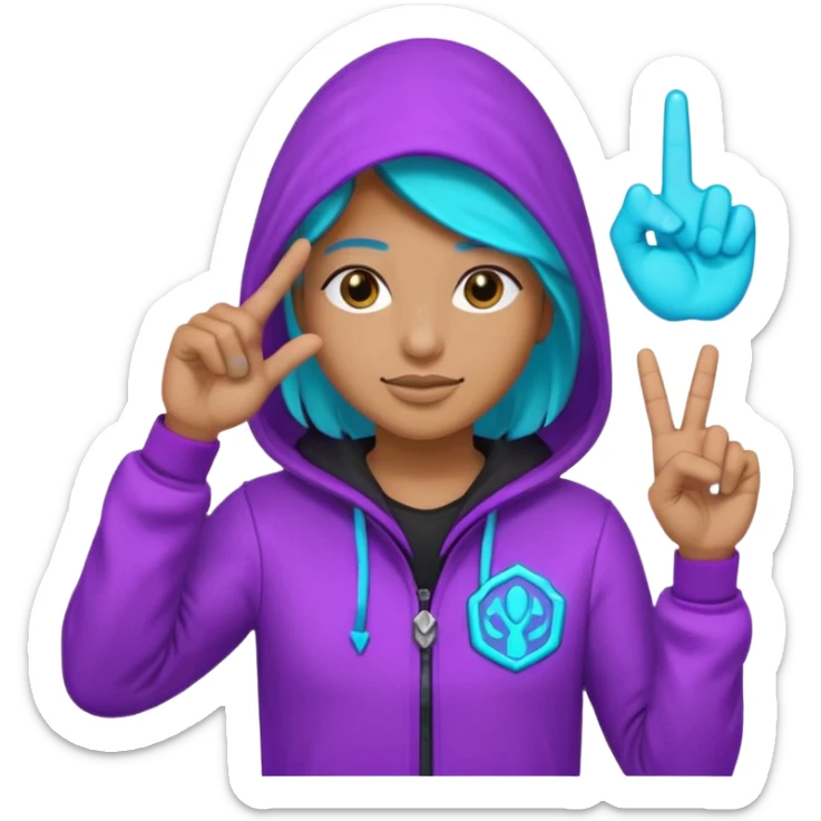 Hooded Vault Pioneer saluting with two fingers, neon purple-cyan glow, badge on chest, emoji style sticker