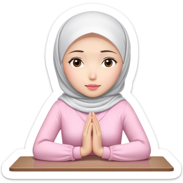 A white Asian woman, white hijab women are listening with her hands folded on the table. her lips is pink. her outfit & hijab color is white. Her fingers are 10. sticker