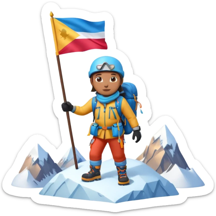 A 3D cartoon mountaineer standing on a snowy Everest-like summit with a flag, wearing colorful climbing gear, soft lighting, Memoji-style. sticker