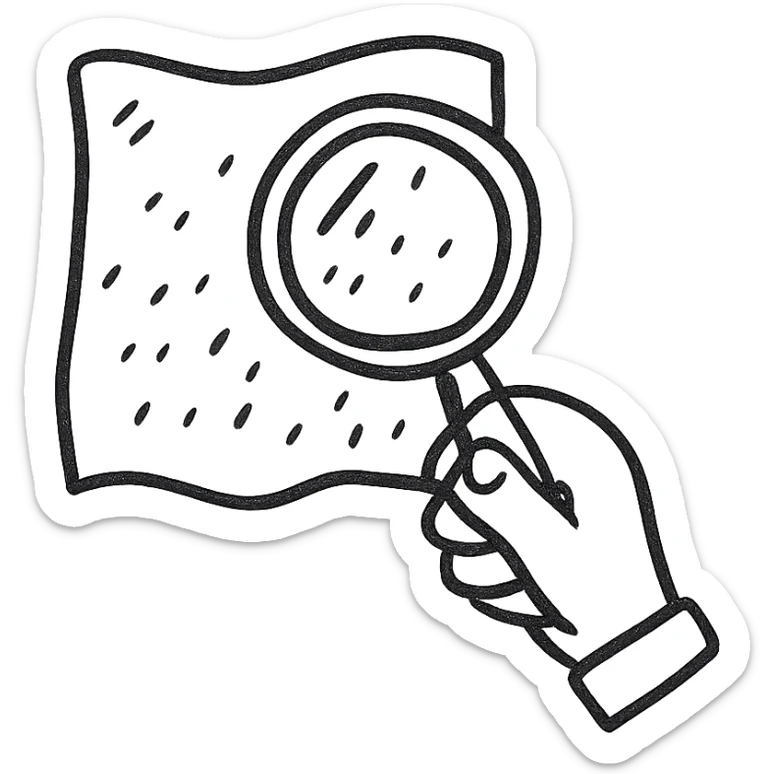 a hand holding a magnifying glass inspecting fabric, clear modern icon style sticker