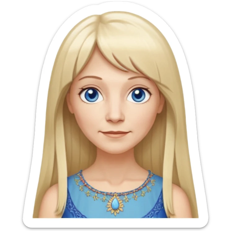 50 yr old white woman, hippie parted very long hair, short bangs, very long straight blond hair, oval face, small smile, blue eyes, thin face, hair downback, hair parted at center of head, round cheeks, pale, longer hair, white evening dress sticker