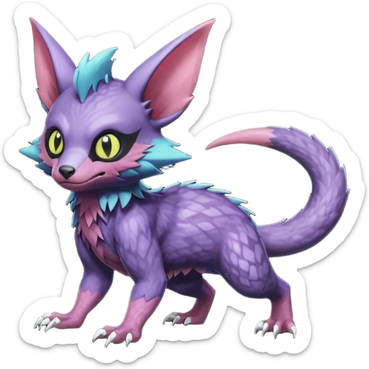 Realistic scaly swampy elemental detailed Colorful Trico-Noibat-Golbat-acrobat-Sergal-Furret-Ferret-Wolverine-Vernid-furry-fursona-fusion-Fakemon-animal-hybrid-creature, full body sticker