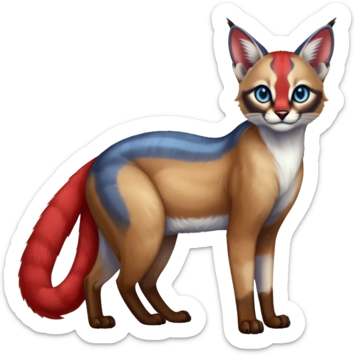 White and blue and red Asian painted anime-styled big-eyed shiny glorious divine marked exotic cool beautiful realistic caracal-civet-genet-sergal-oncilla-animal-Fakémon-hybrid-fursona (full body) sticker