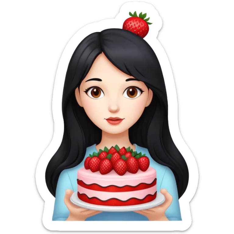 Beautiful girl with long black hair holding a strawberry cake sticker