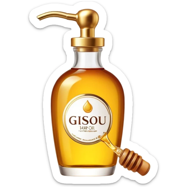 Gisou hair oil bottle, elegant glass bottle with gold cap, honey-infused hair oil, beauty product sticker