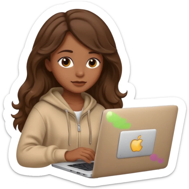 make a picture in ios 18 style of a girl with brown long wavy hair wearing cozy beige clothes and working on a laptop sticker