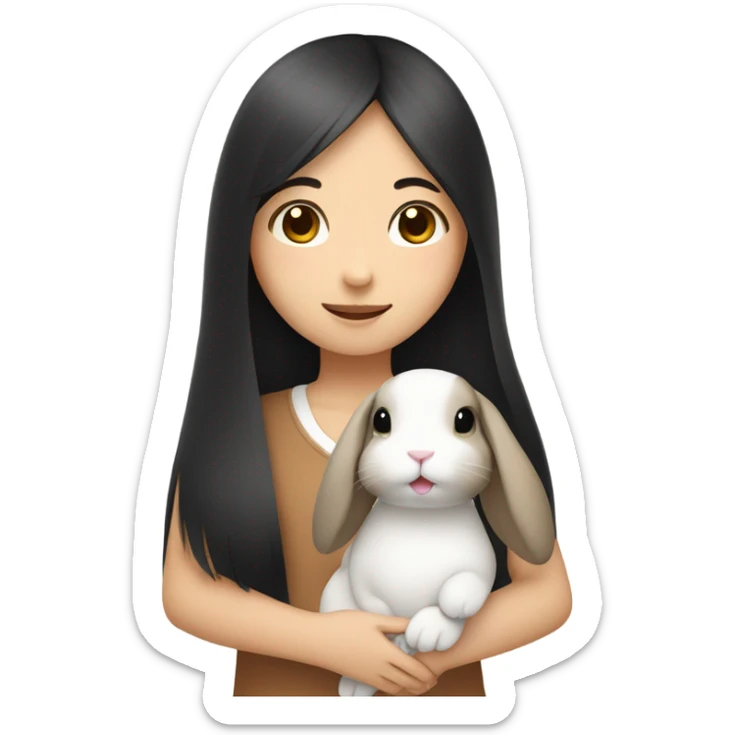 A asian girl with black long straight hair holding a white and brown rabbit sticker