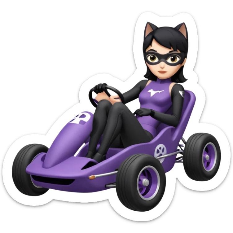 full size real-appearance road  racing sexy buxom CatWoman’s feminine midnight-colored tight outfit sixty’s tv show dark stealthy accurate sporty safe plush deluxe off-road pursuit drifting car jaguar (black hair,reclined and relaxed torso and shoulders back seating position) cross kart  sticker