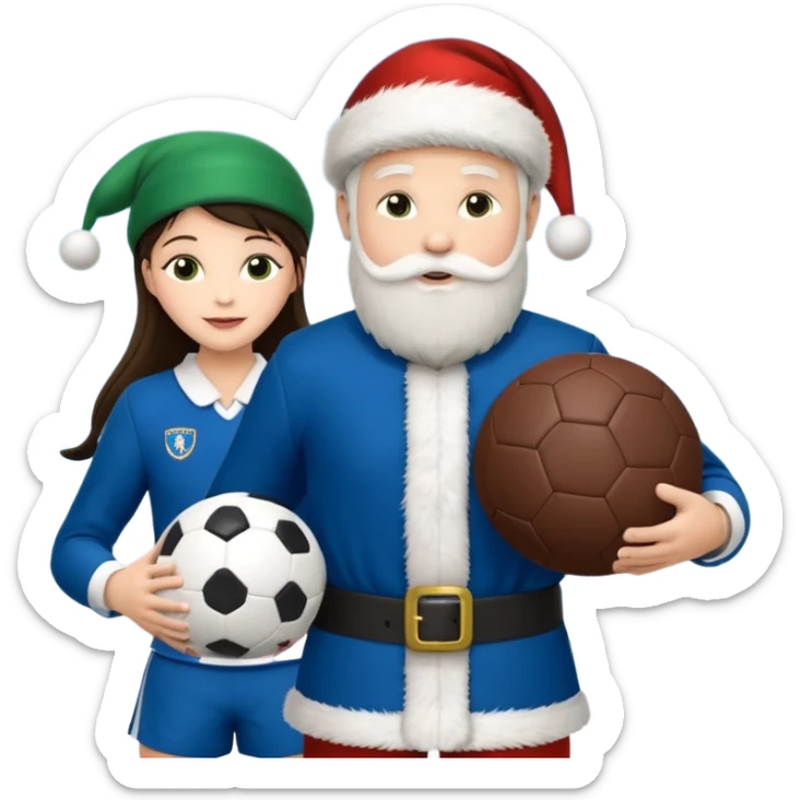 3 atletas, um homem no meio e duas mulheres com cores de pele diferentes, usando elementos esportivos, bola de futebol, luvas de luta e bola de vôlei. Coloque um chapéu de papai noel das cores verde e com uniforme azul e branco sticker