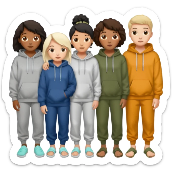 four mixed race friends all wearing oversized hoodies, sweatpants, and slides huddled together  sticker